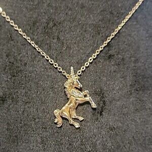 Vintage Avon Gold Tone Unicorn With Small Rhinestones Pendant Necklace 16" Chain